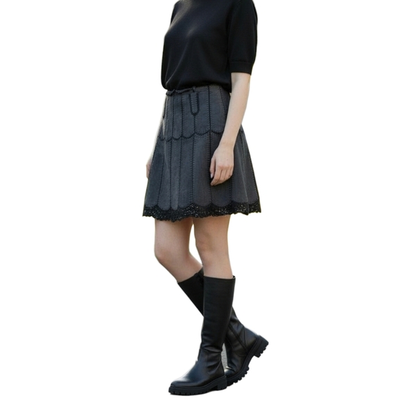 Vintage Dresses & Skirts - Vintage Suede Patchwork Miniskirt Crochet Lace Trim 70s Boho Black 38 EU Small